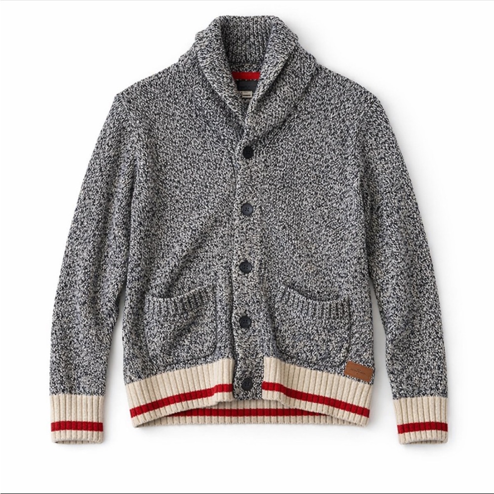 Roots Cabin Shawl Collar Cardigan Men Small Salt Pepper Cotton Pockets Preppy